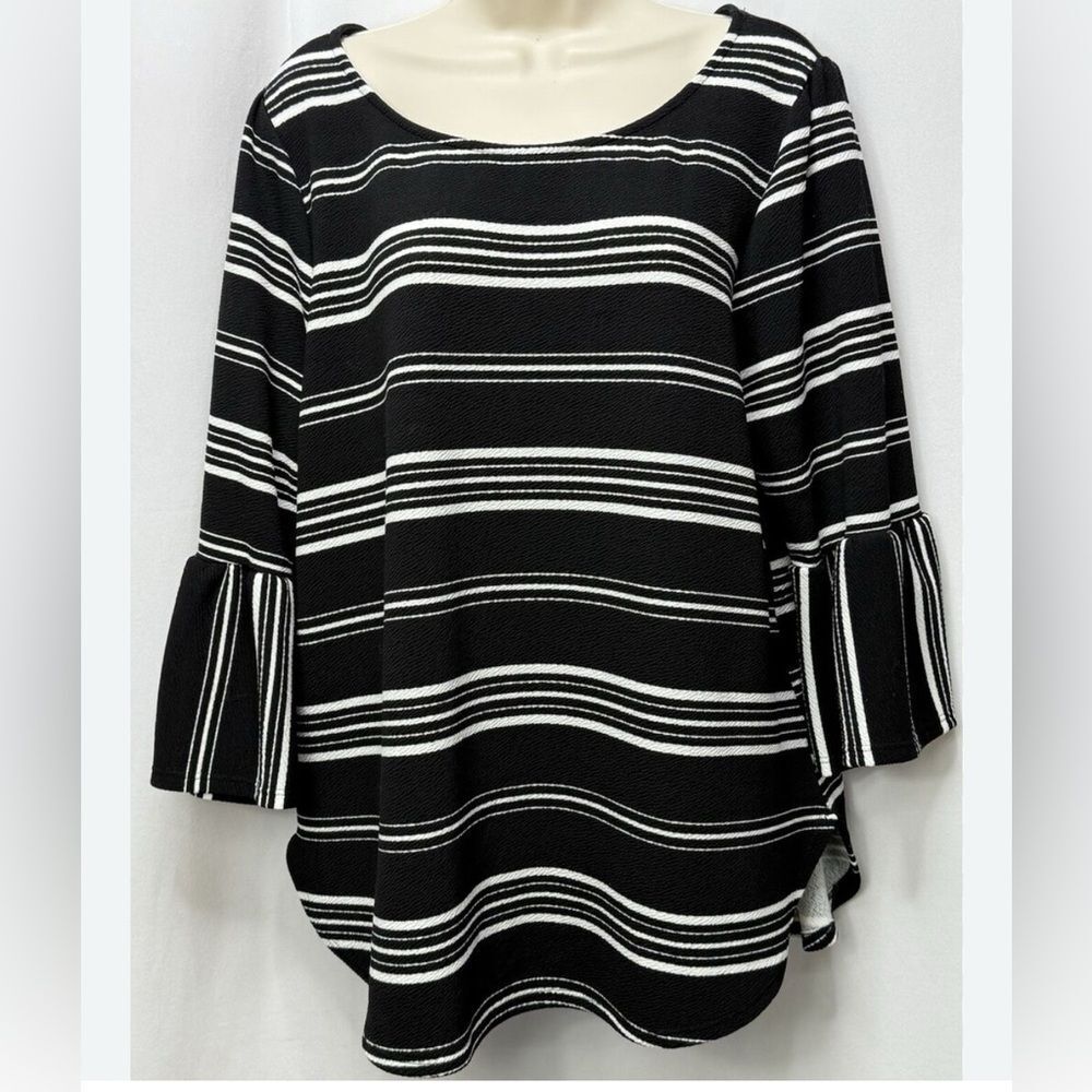 GREEN ENVELOPE Striped Flutter Sleeve Blouse 1X Popover Career Black White